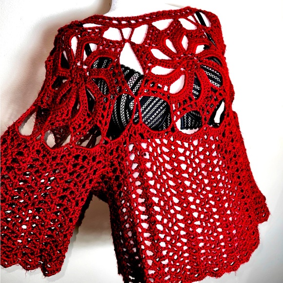 Red Hand Crochet Bell Sleeves Sweater! Size Large - Picture 4 of 15